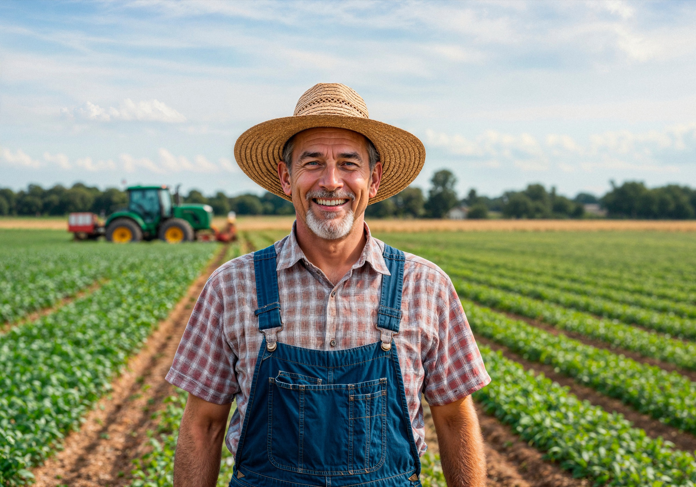 Produtor rural sorrindo em frente à plantação